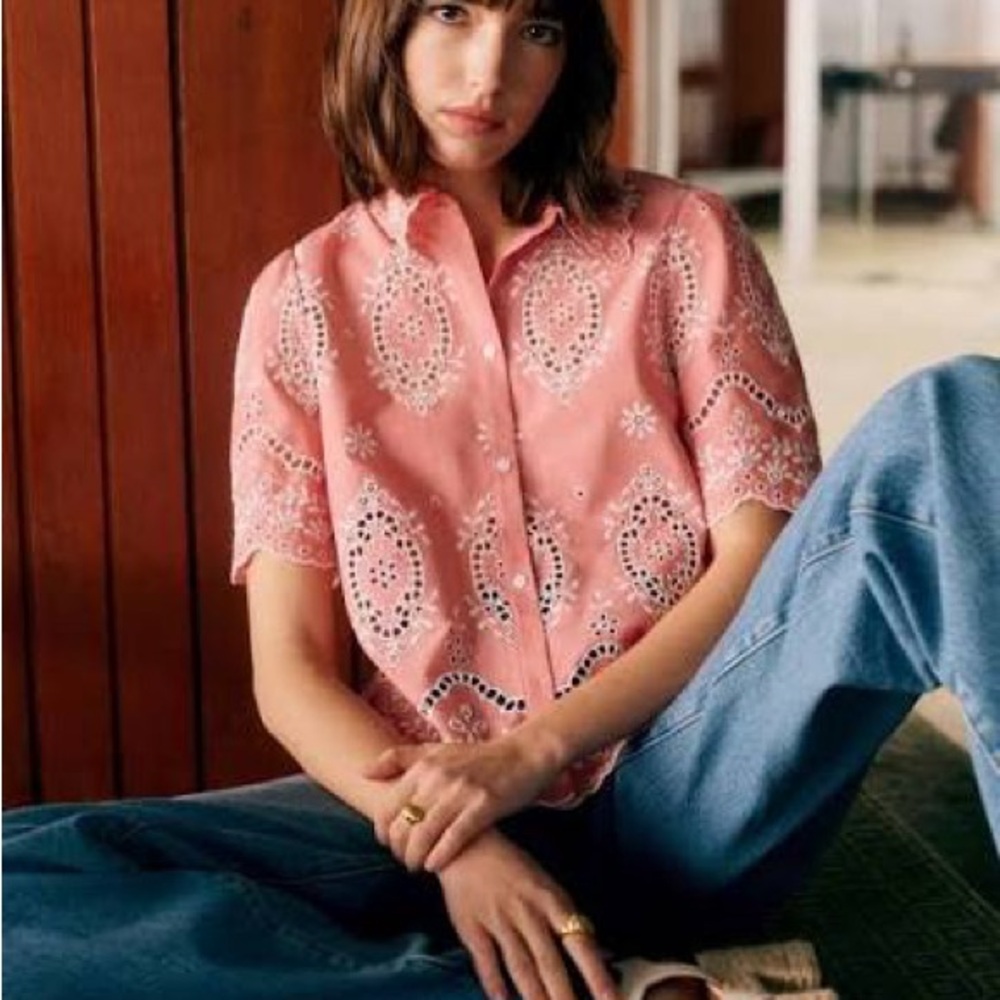 Sezane Pink Eyelet Button-Down Shirt